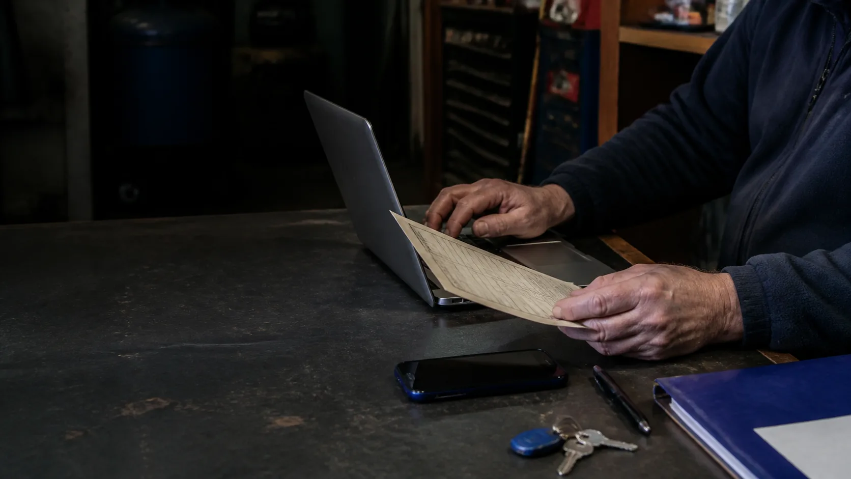 A local business owner transferring details from a paper job sheet into a laptop